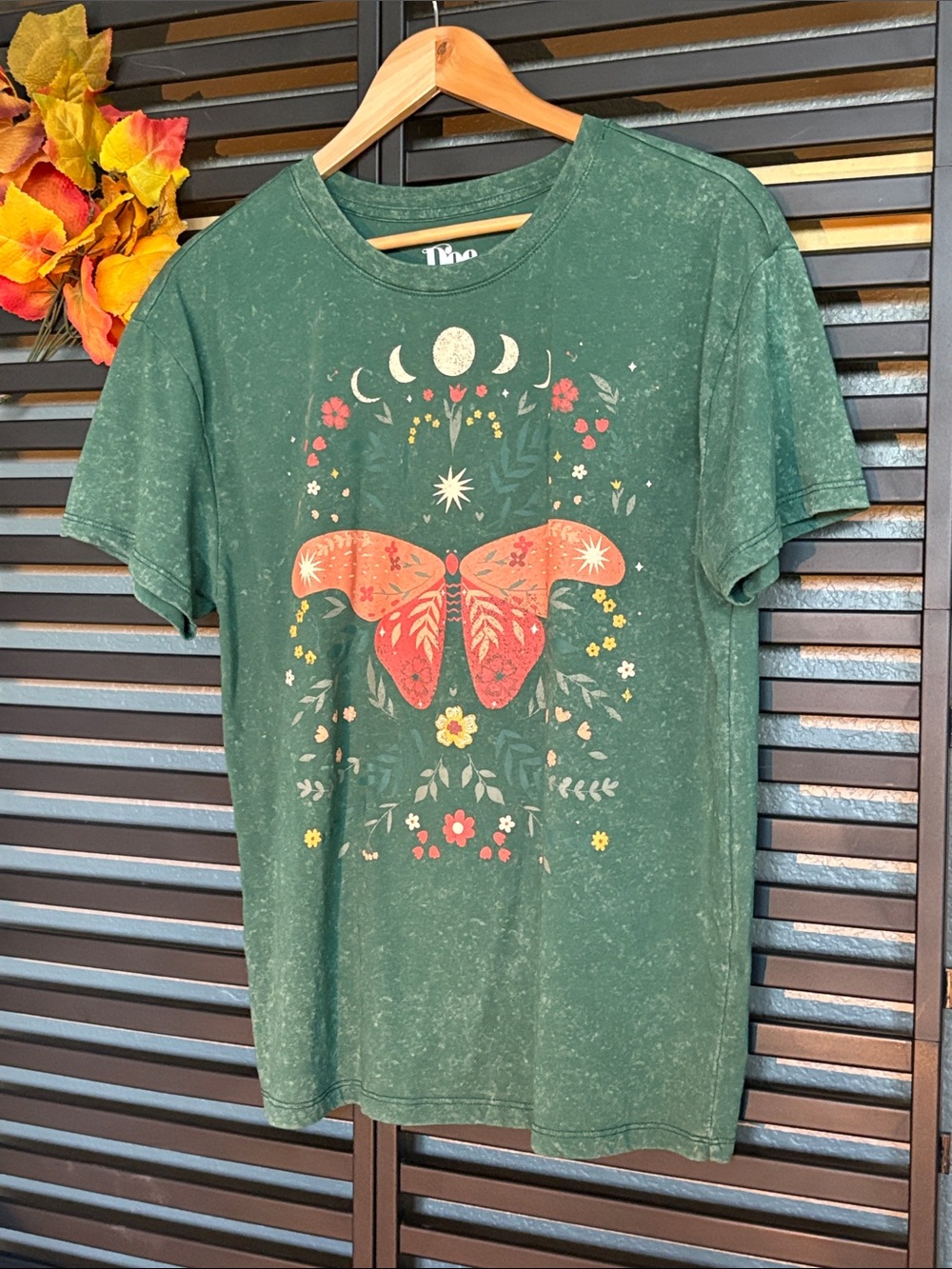 Forest Green Short-Sleeve Tee with Coral Moth Graphic by Doe